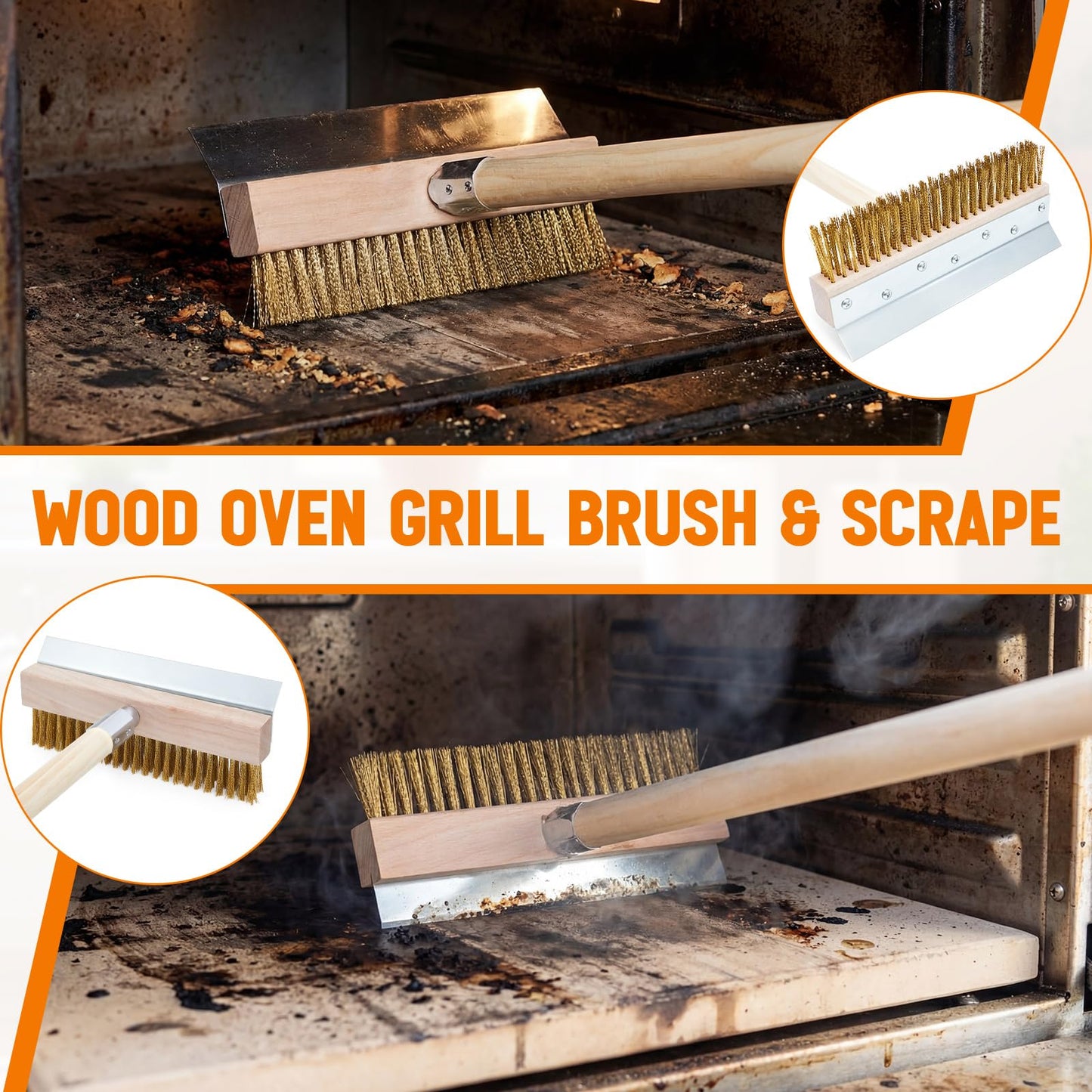 Reallnaive 2 Pack 63 Inch Wood Handle Pizza Oven Brush with Scraper Outdoor Pizza Oven Cleaning Brush Tool, Aluminum Threaded Tip, Brass Bristles with Steel Scraper