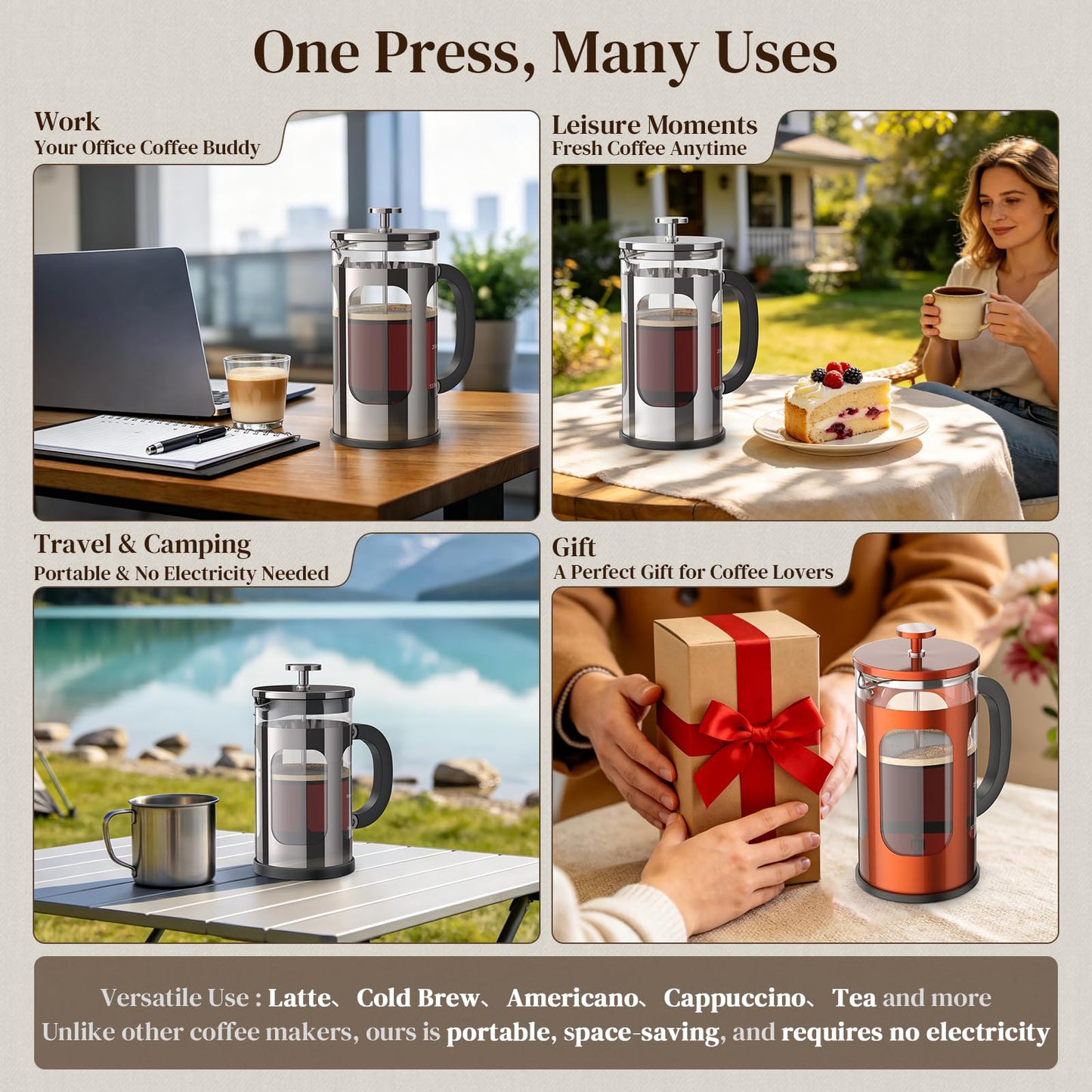 Veken French Press Coffee Maker 34oz, No Plastic Touching Cafe,Thickened Glass Stainless Steel Brewer, Cold Brew Cafetera Tea pot for Kitchen Travel Camping, Gifts, Decor, Bar Accessories, Dark Pewter