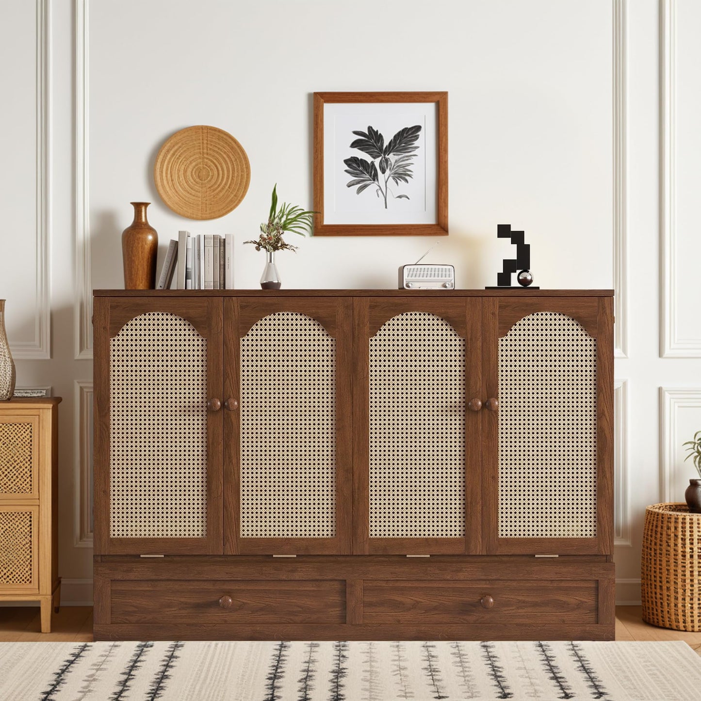 DNYN Queen Size Murphy Bed Cabinet with Large Drawer and and Built-in Charging Station for Guest/Study Room/Home Office, Space-Saving Rattan Decoration Foldable Wall Bed Frame, No Box Spring Needed