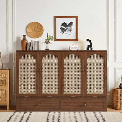 DNYN Queen Size Murphy Bed Cabinet with Large Drawer and and Built-in Charging Station for Guest/Study Room/Home Office, Space-Saving Rattan Decoration Foldable Wall Bed Frame, No Box Spring Needed