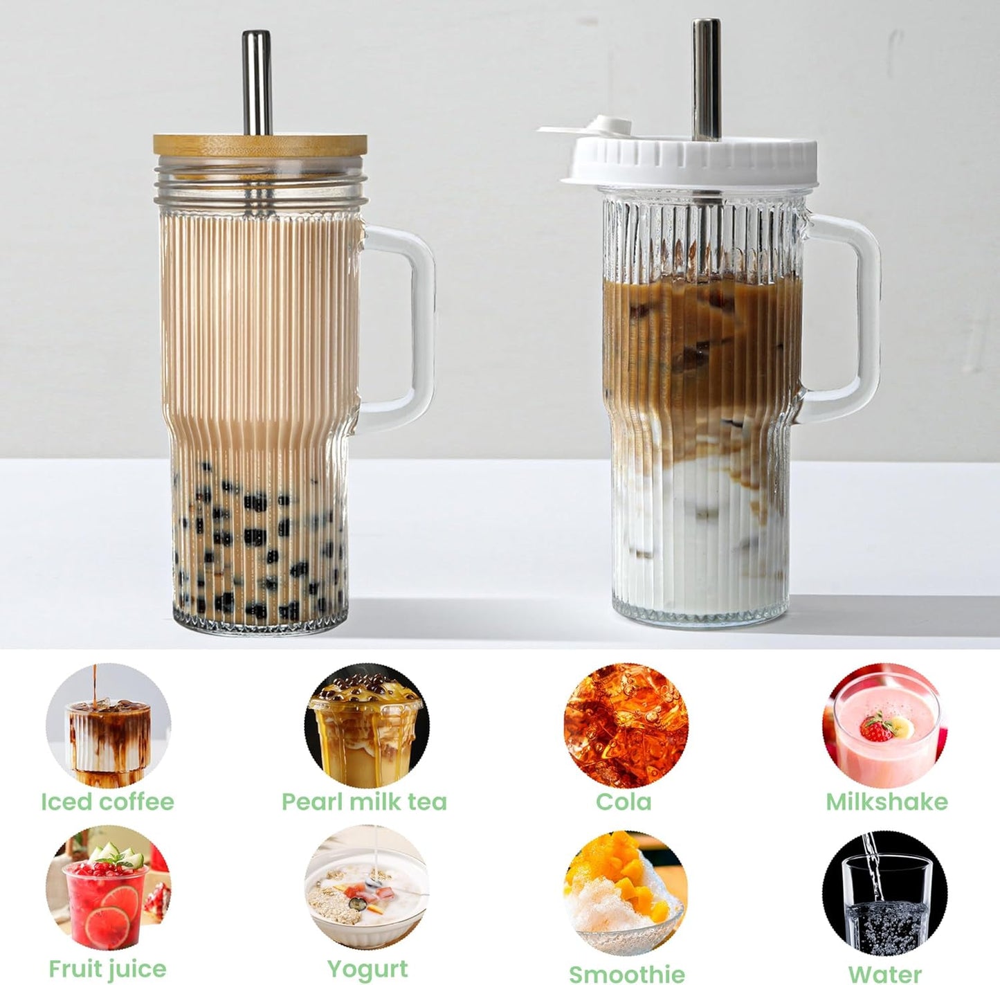 24oz Handle,4Pack Ribbed Glass Tumbler With Glass Cup with Lids and Straws,Reusable Glass Iced Coffee Cups
