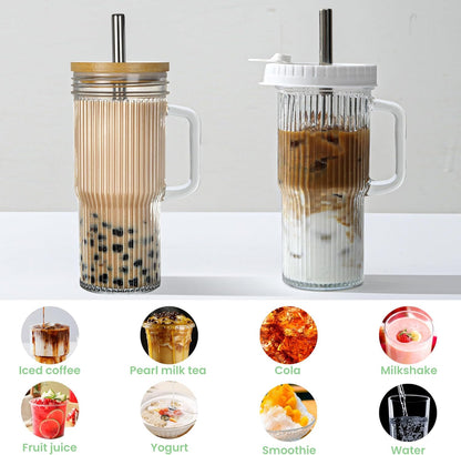 Birity 24oz Ribbed Glass Cup Set - Reusable Tumbler with Lids & Straws | Perfect for Iced Coffee, Smoothies & More