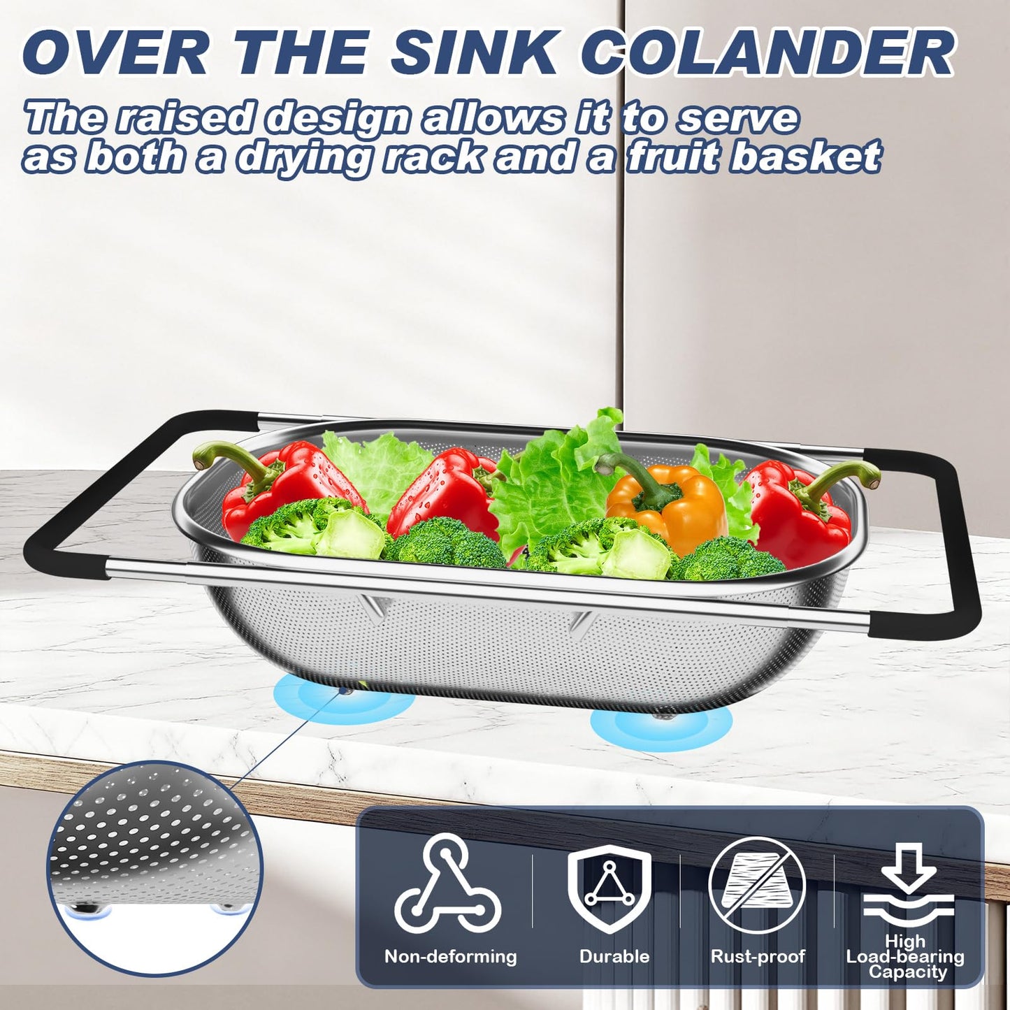 Over the Sink Colander, Expandable Strainers and Colanders with Fine Mesh, Colander for Kitchen with Rubber Grip for Draining Pasta, Vegetables and Fruits - Essential Kitchen Sink Strainer
