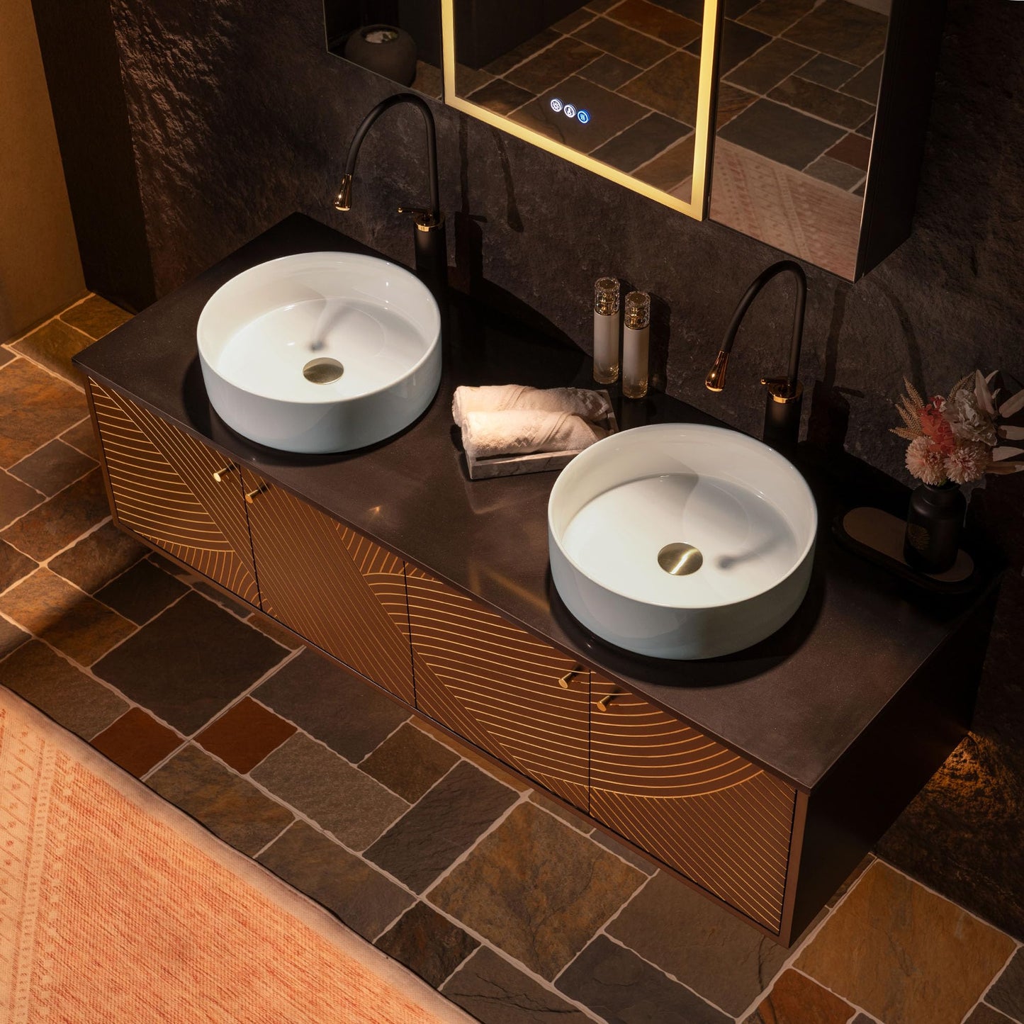 Woodbridge 60"X22" Wall Mounted Vanity with Double Ceramic Round Vessel Sinks,Black Engineered Stone Vanity Top,Floating Design with Hand-Painted Black & Gold Accents,Space-Saving for Modern Living