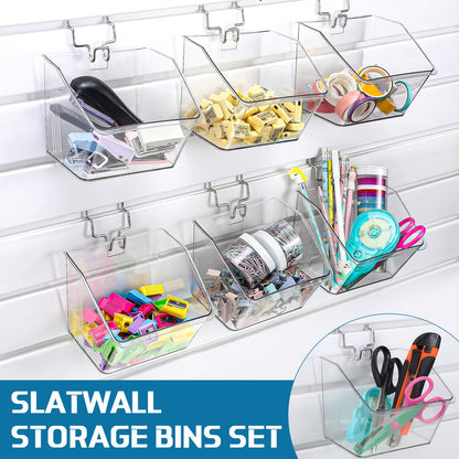 Layhit 6 Set Slatwall Bins Plastic Slatwall Baskets with Metal Hooks Hanging Containers Storage Organizer Pegboard Accessories for Garage Craft Workshop Office Storage