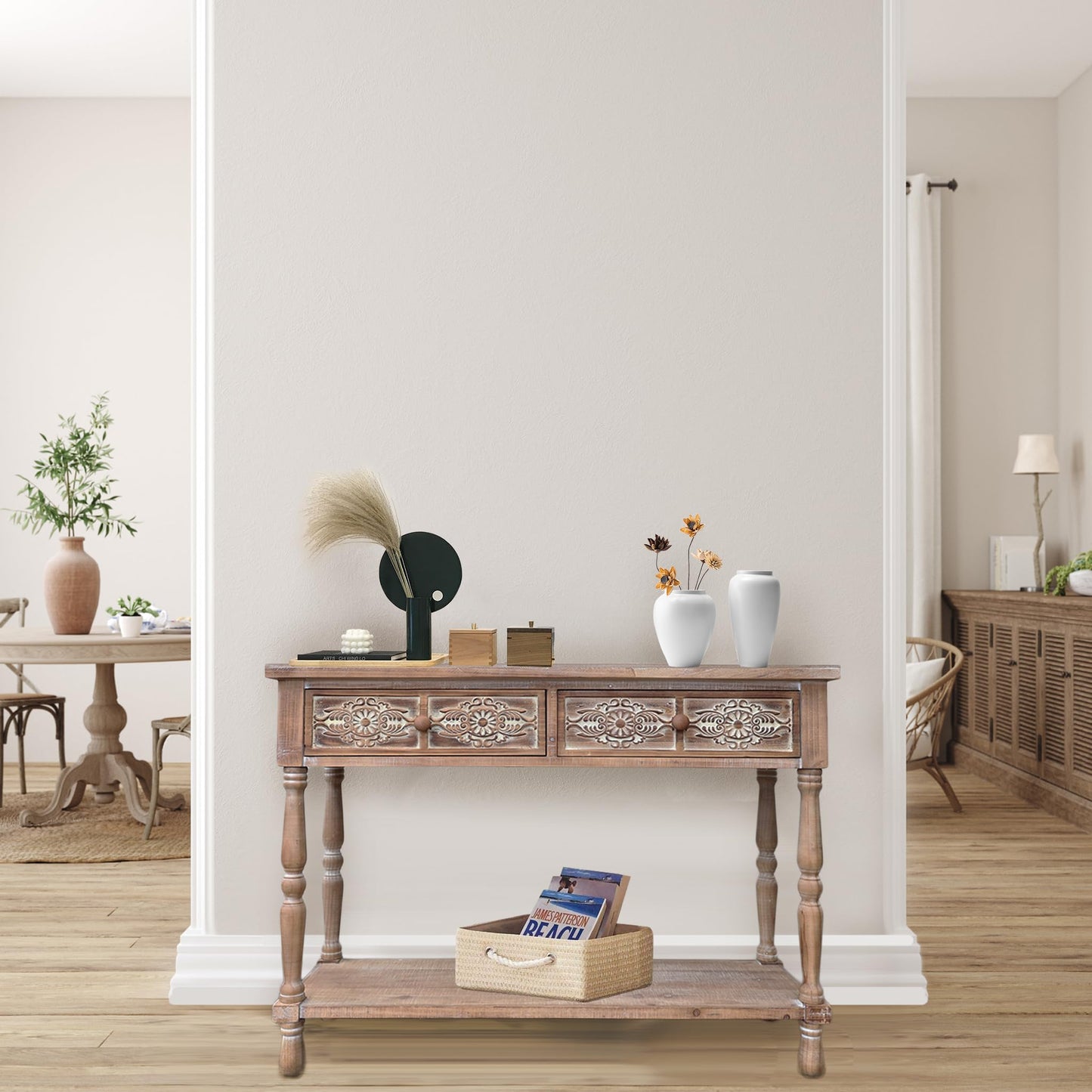 PARISLOFT Vintage Wood End Table with 2 Drawers and 1 Bottom Shelf,Rustic Console Table Storage, Accent Entryway Table Furniture,Antique Brown,42”Wx32”H