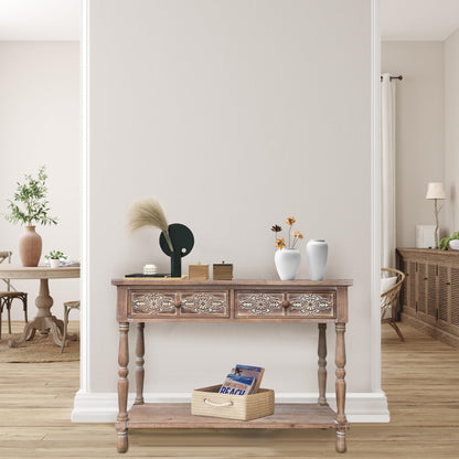 PARISLOFT Vintage Wood End Table with 2 Drawers and 1 Bottom Shelf,Rustic Console Table Storage, Accent Entryway Table Furniture,Antique Brown,42”Wx32”H