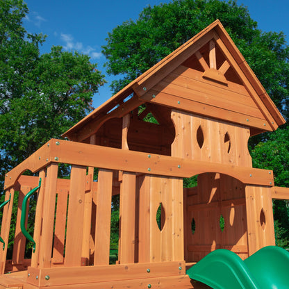 Backyard Discovery Woodland Cedar Wood Swing Set with Wave Slide, Clubhouse, Rock Wall, Snack Bar Station, Benches, Belt Swings, Trapeze, Half Door, Balcony, Step Ladder, Outdoor Playset