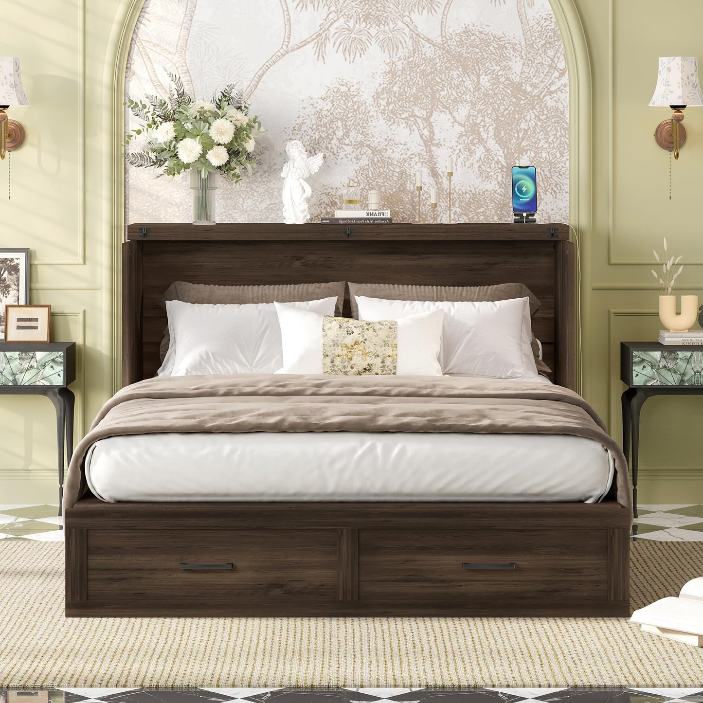 Ball & Cast Murphy Bed Queen,Farmhouse Hideaway Cabinet Bed with Charging Station and Large Storage Drawer,Foldable Wall Murphy Beds w/Slat Support,Space-Saving Furniture for Study,Office,Rustic Gray