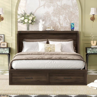 Bellemave Queen Murphy Bed, Cabinet Bed with Charging Station and Storage, Farmhouse Murphy Cabinet with Foldable Panel, Noisy Free, for Guest Bedroom, Living Room, Office, Rustic Gray