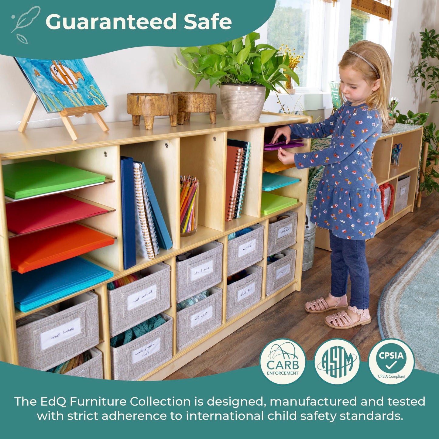 Guidecraft EdQ Shelves and 10 Bin Storage Unit- Natural: Multi-Functional Cube Storage Organizer or Bookcase, Wooden Cabinet for School and Home, Teacher's Book Cubby and Toy Shelf
