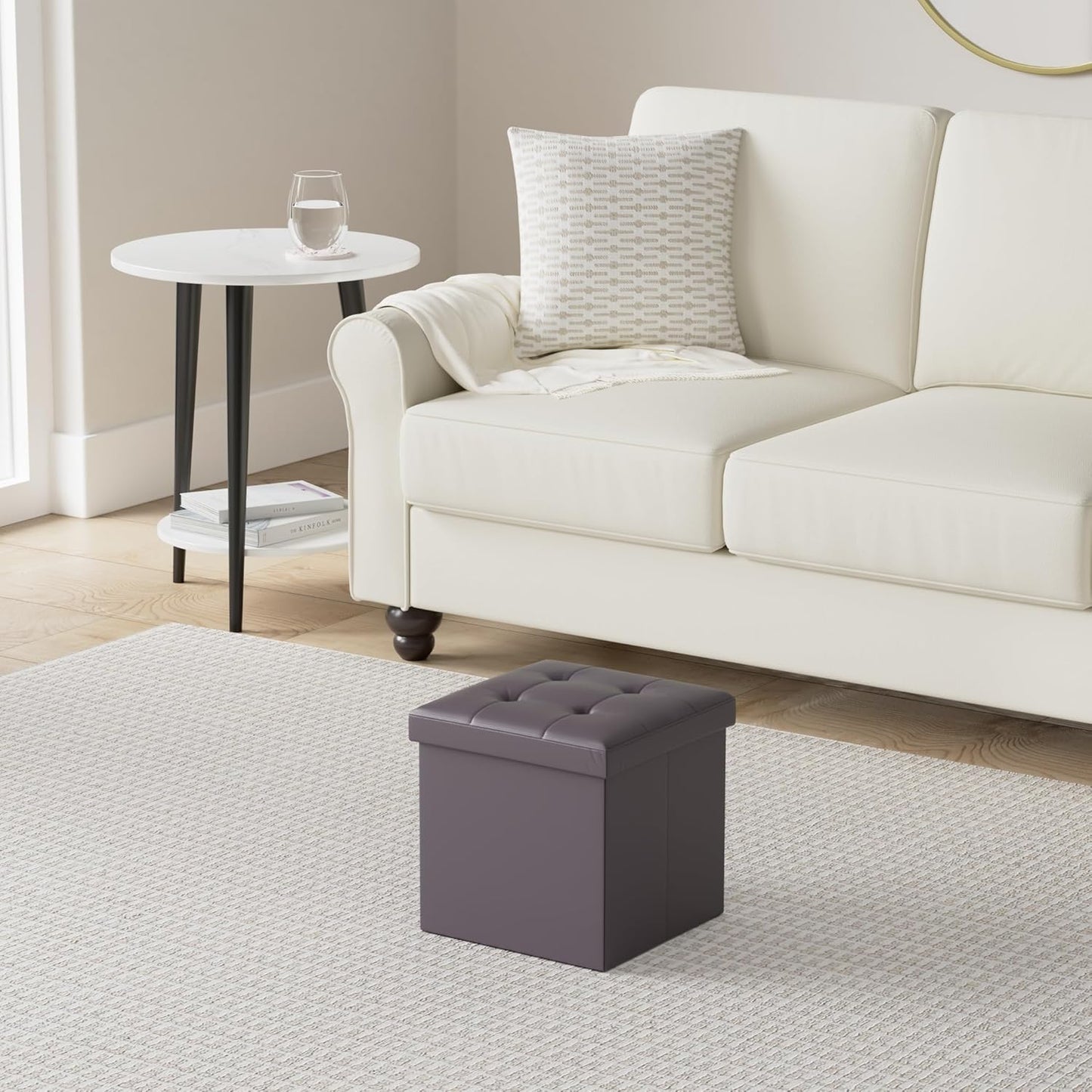 Ottoman,13x12x12 inch LotFancy Storage Ottoman Cube, Brown Foot Stool Square Ottoman with Lid, Faux Leather Seat