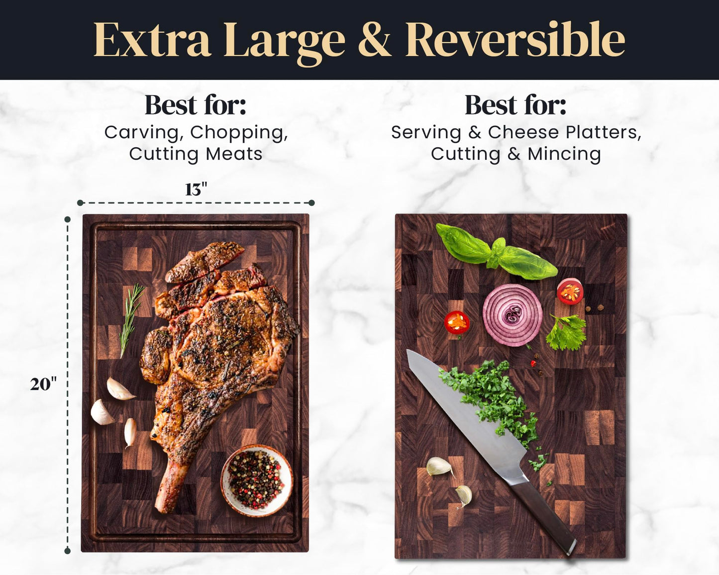 Mevell Walnut End Grain Cutting Board for Kitchen, Reversible Extra Large Wooden Butcher Block With Juice Grooves, Made in Canada (Walnut, 20x13x2)