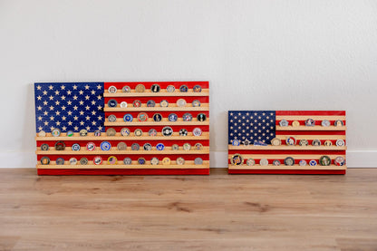 Flags of Valor American Flag Challenge Coin Display Holds 100 Coins Wooden Military Coin Holder Wall Decor Veteran Made Patriotic Flag Art Ready to Hang USA Handmade (Medium Unframed, 19" H x 36" W)