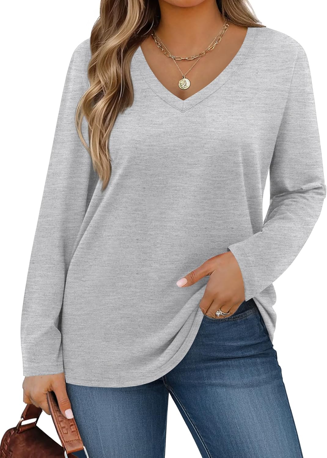 IN'VOLAND Womens Plus Size Long Sleeve Shirts V Neck Basic Tee Tops Loose Fit Fall Outfits for Women 1X-5X