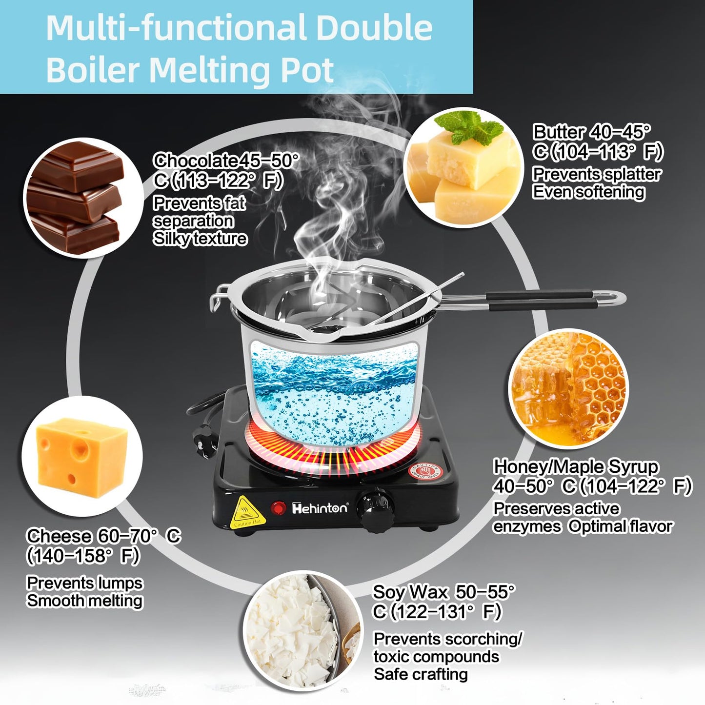 Hehinton Professional Double Boiler Pot 1200ML/40.6OZ, 304 Stainless Steel Chocolate Melting Pot with 1000W Electric Hot Plate, Multi-Functions Warming Melting Pots for Wax Soap Base Candy Cheese Butter
