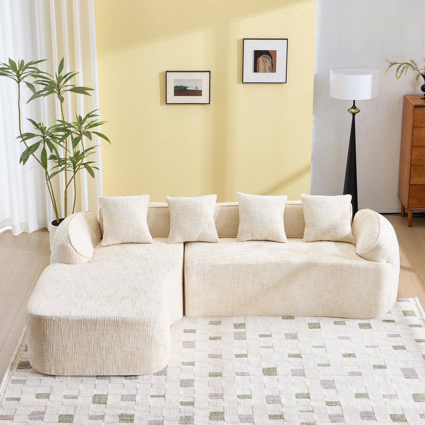 KEIKI 101.18" Cloud Sofa, Chenille L-Shape Sectional Sofa with Chaise, Four Pillows, Compressed Sofa Couch for Living Room, Guest, Bedroom, No Assembly Required, Beige