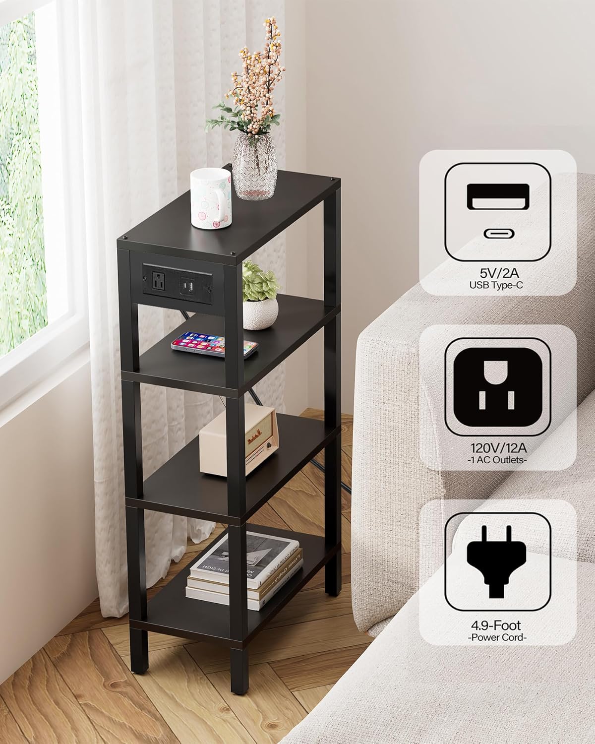 TB01BK080 TUTOTAK Narrow Side Table with Charging Station,Small End Table with USB Ports and Outlets, Skinny Sofa