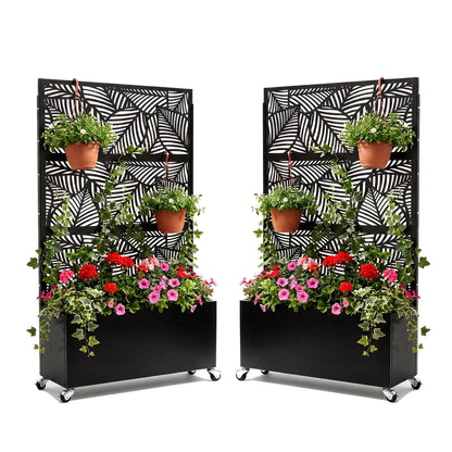 Veemuaro Metal Planter Box with Trellis, 70" H × 46" L Freestanding Outdoor Raised Garden Bed with Privacy Screen, Wheels and Drainage Holes, Leaf Privacy Screen Planter Box for Garden, 2PCS