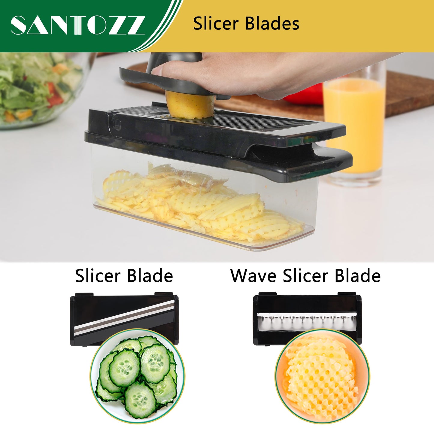 SANTOZZ Multifunctional Vegetable Chopper with Container, Vegetable Cutter with Interchangeable Blades, Onion Slicer, Garlic Grinder, Dicer for Potato, Carrot Chopper