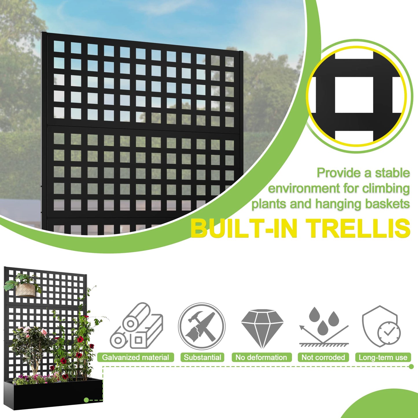 Elevens Metal Planter with Trellis, Trellis with Planter Box & Privacy Screen, Outdoor Raised Garden Bed for Climbing Plants, Trellis Planter Box with Drainage Hole (71"x47"x16")