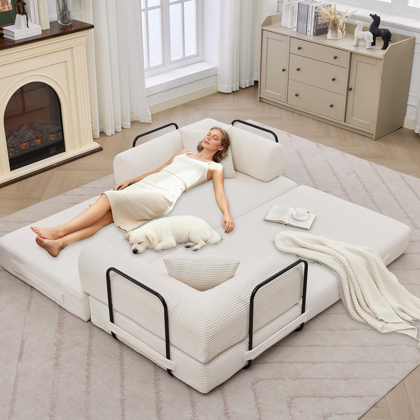 GarveeHome 79" Convertible Sleeper Sofa Bed Couch, 4-in-1 Boneless Corduroy Folding Sofa Bed with Pillow & Fixed-Shape, Floor Mattress Couch Loveseat for Living Room Apartments - No Assembly, Beige