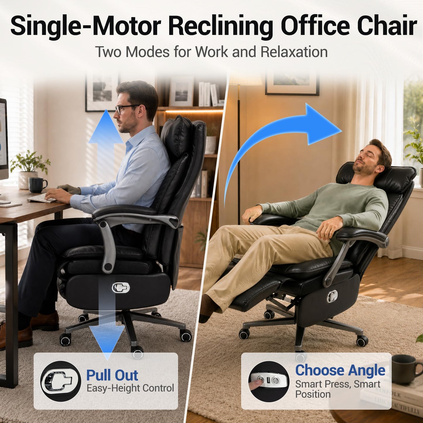 WENTUM Electric Office Chair with USB Charging, 420lbs PU Leather Power Executive Recliner w/Footrest, High Back Ergonomic PC Chair for Home Office Gaming Boss Room, Black