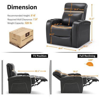 MCombo Power Recliner Chairs, Leather Recliner Chair for Adults, Home Theater Seating with Adjustable Headrest, USB Ports, LED Light & Armrest Storage, Recliners for Living Room HTS400 (Neutral Grey)