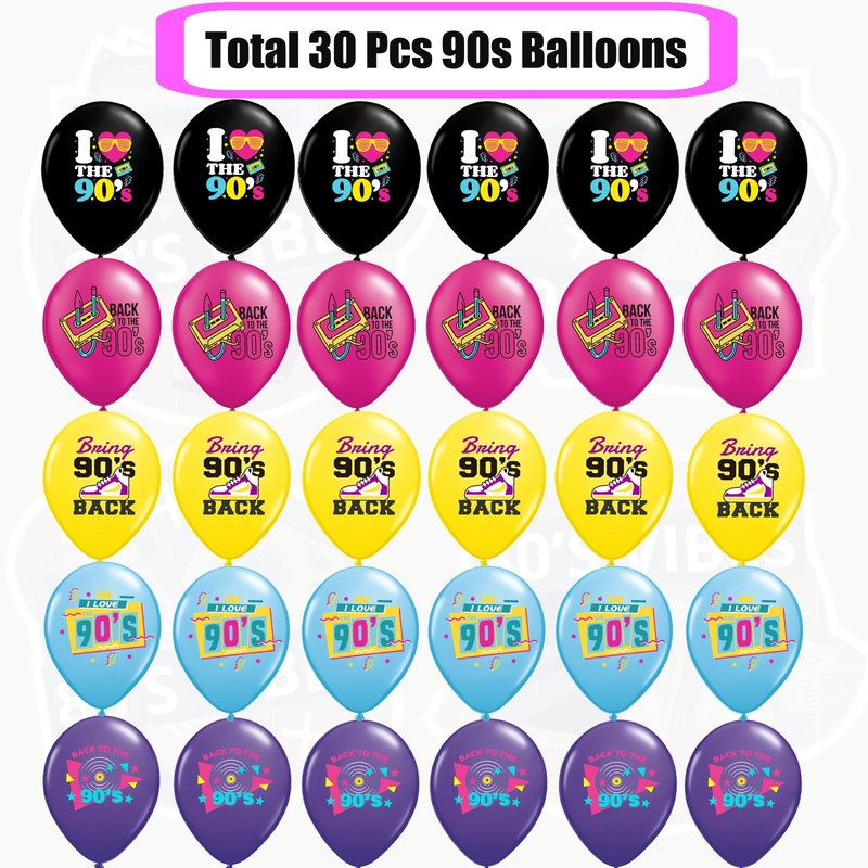 90s Balloons 30 Pcs Back to The 90's Balloon Retro Radio Boombox CD Neon Balloon for 90's Hip Hop, Rock and Roll Party, Throwback Birthday Decor, 90s Party Decorations