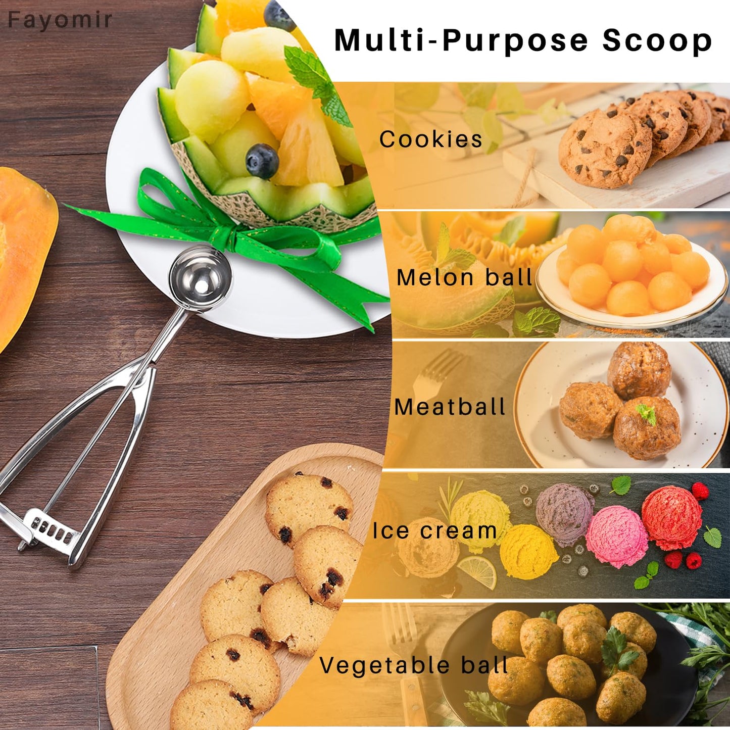 Fayomir Cookie Scoop Set - Small/1 Tbsp, Medium/2 Tbsp, Large/3 Tbsp - Cookie Dough Scoop, Cookie Scoops for Baking Set of 3, Heavy-Duty 18/8 Stainless Steel Melon Baller Scoop Ice Cream Scoop