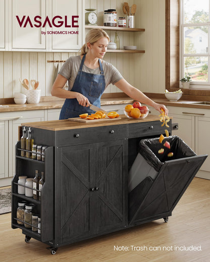 VASAGLE Mobile Kitchen Island with Trash Can Storage, Drop Leaf, Portable Island with Spice Rack, Mobile Cart with Storage Cabinet, for Dining Room, Ink Black and Honey Brown UKKI014BJ01S