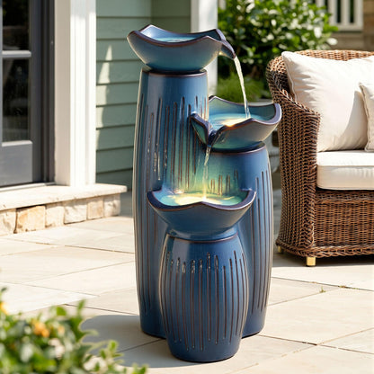 Autodaya 30" H Ceramic Outdoor Water Fountain with LED Lights, 3-Tier Cascading Lotus Bowls Water Feature, Soothing Cascading Waterfall for Garden, Patio, Yard, Turquoise Vertical Striped Texture