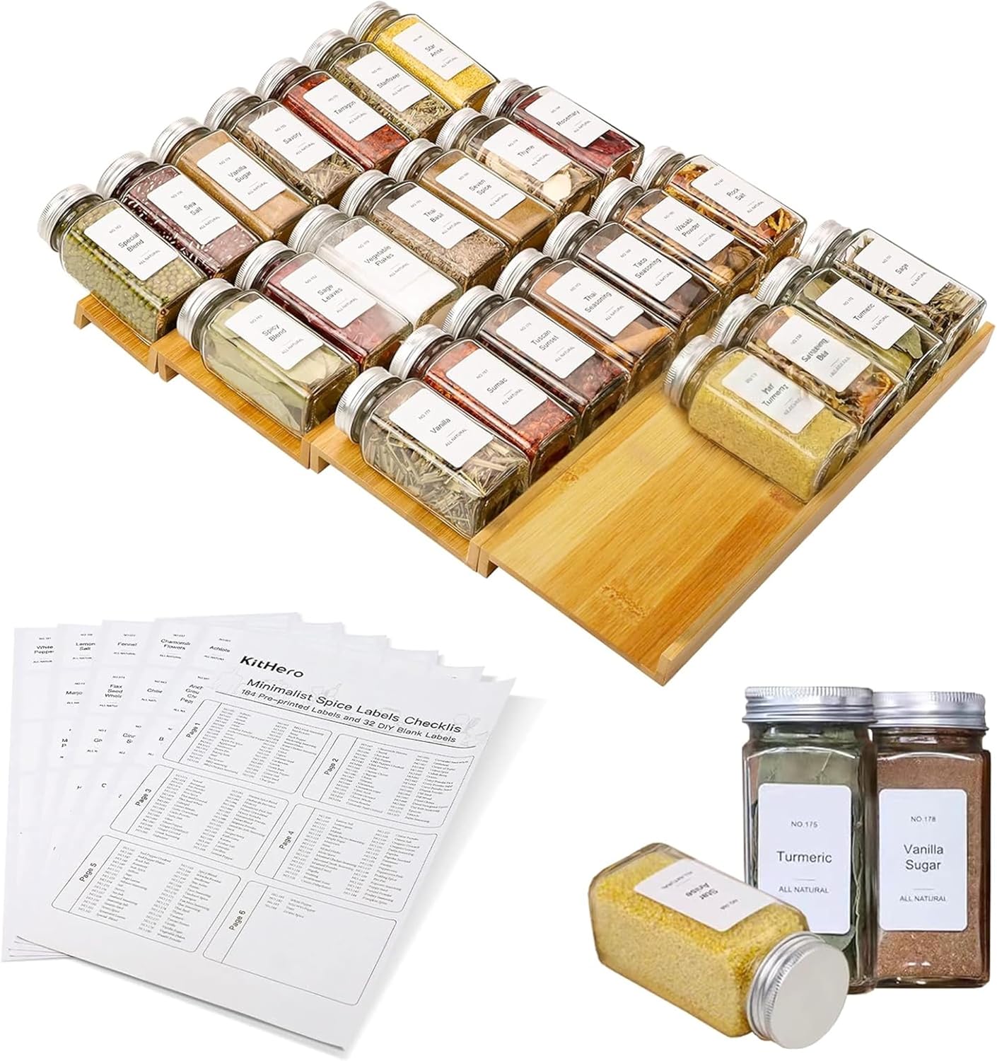 28 216 4 Drawers,Cabinets,Countertops,13" 15.8" Spice Drawer Organizer with Spice Jars and Labels,Non-slip Rubber