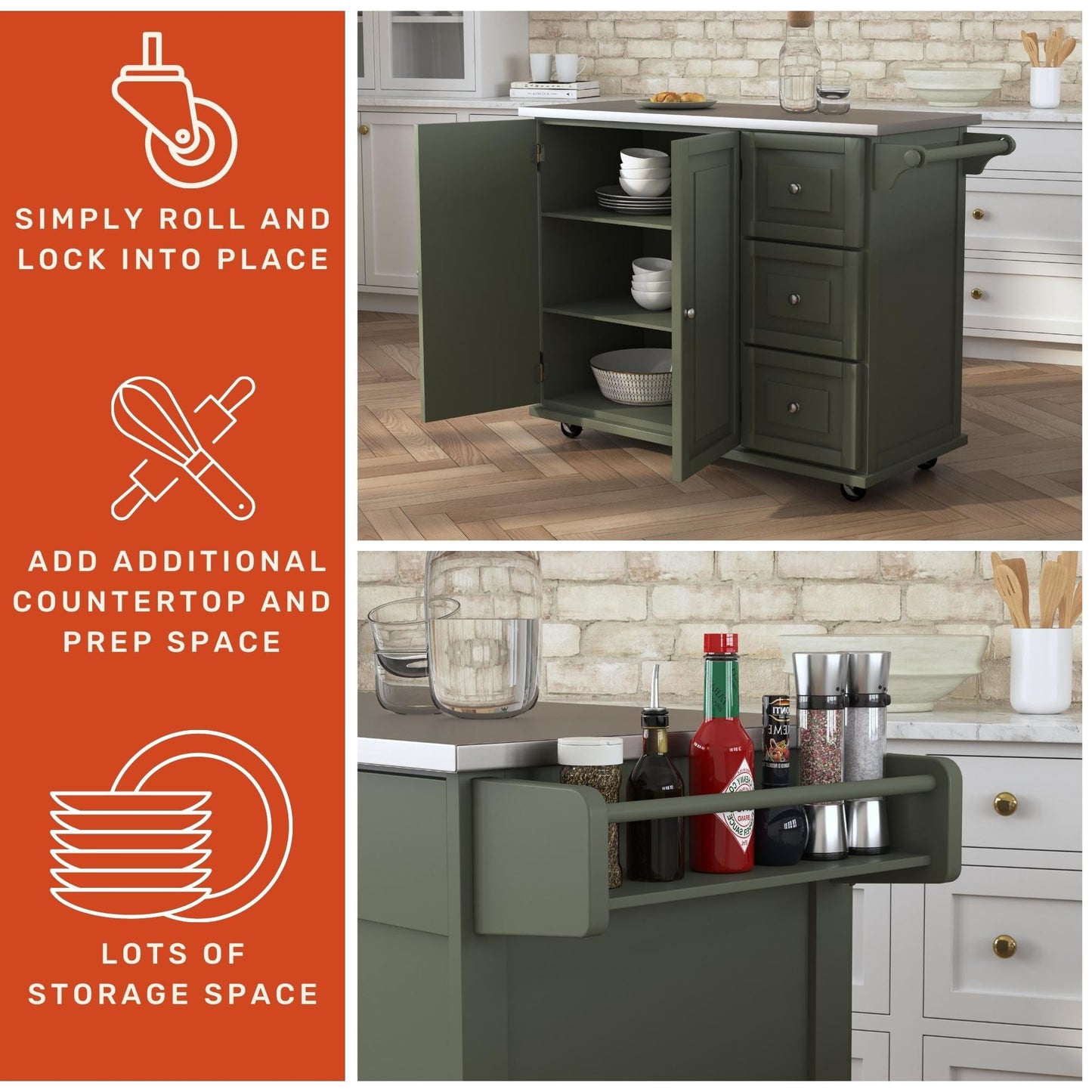 Homestyles Mobile Kitchen Island Cart with Stainless Steel Top, Sage Green