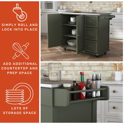 Homestyles Mobile Kitchen Island Cart with Stainless Steel Top, Sage Green