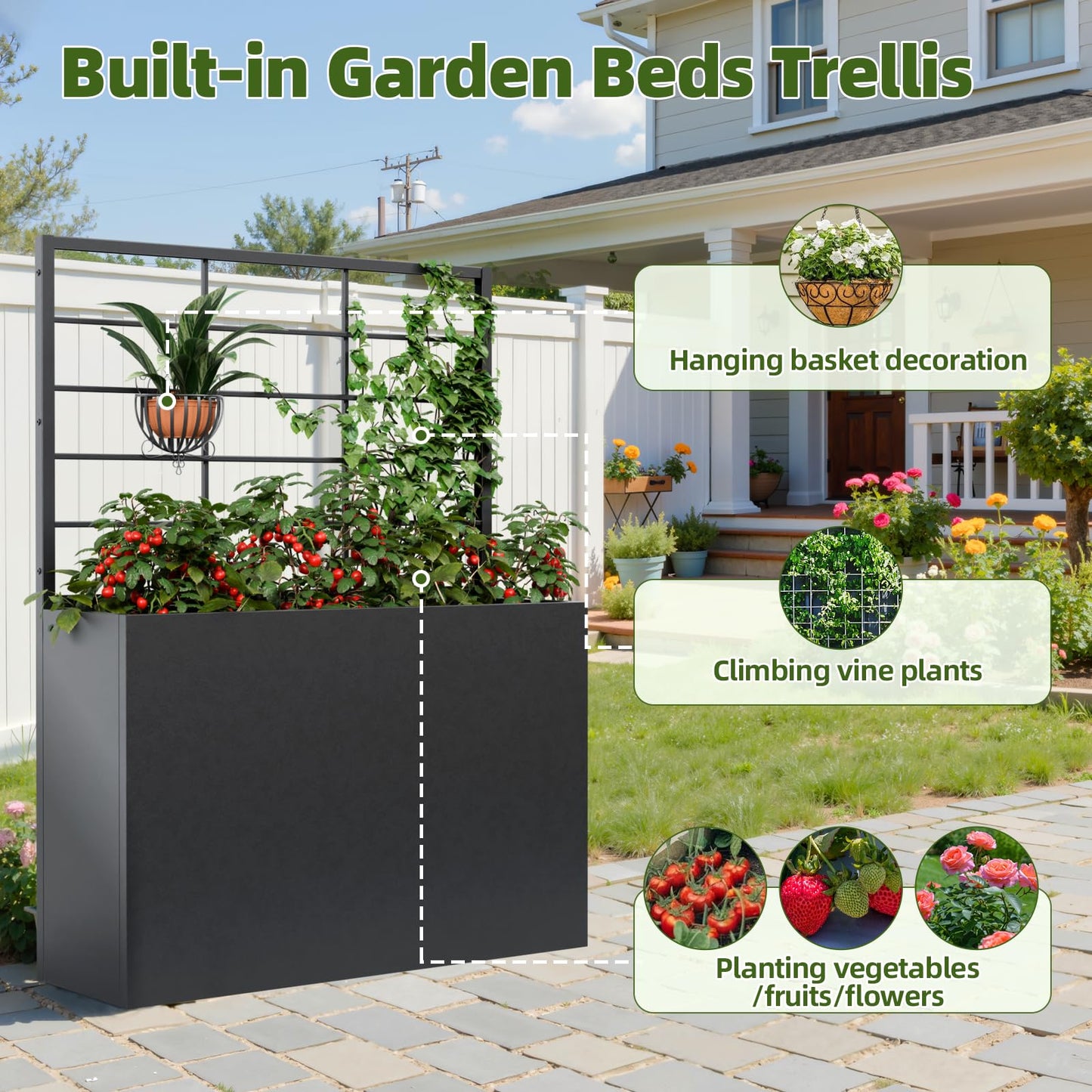 Trygoal 2 PCS Metal Planter Box with Trellis & 1 PCS Planter Box, 35" Lx11.8 Wx47 H Metal Raised Garden Bed with Trellis and Drainage Holes,Outdoor Standing Flower Bed for Climbing Plants,Vines