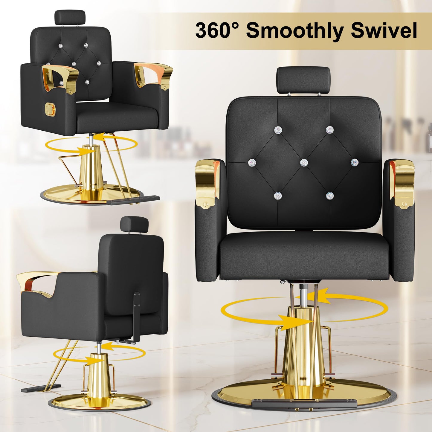 LOUVIXA Barber Chair Reclining, Salon Chairs for Hair Stylist, Height Adjustable Salon Styling Chair, Heavy Duty Barber Chairs, 360 Swivel Barbershop Chair (Black-Golden-440lbs)