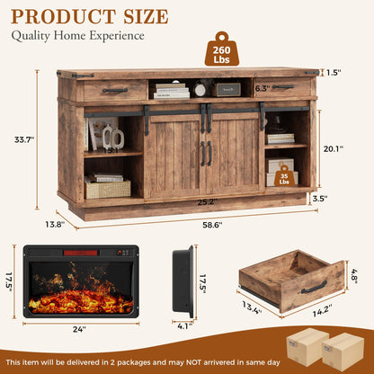 Jocoevol 58" Farmhouse Electric Fireplace TV Stand for TVs up to 65", Entertainment Center with 2 Large Storage Drawers, Sliding Barn Doors, Adjustable Shelves, TV Console for Living Room - Brown