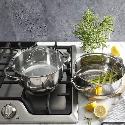 Oster Dutch Oven with Steamer Basket 3-Quart - Sangerfield Stainless Steel, Stovetop Steamer for Vegetables, Rice & Tamales, Dishwasher Safe