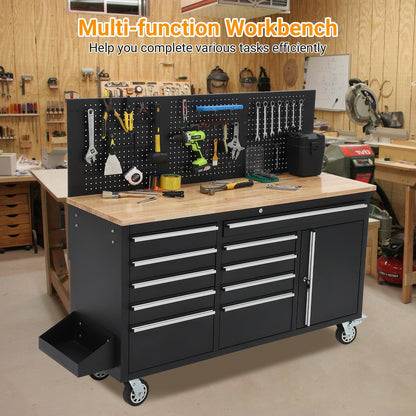 61 Inch Rolling Tool Chest with 10 Drawers, Rubber Wood Workbench Top, Anti-Fingerprint Steel, Lockable Wheels & Key Lock, Mobile Storage Cabinet Organizer for Garage & Workshop