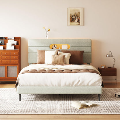 Sismplly Full Bed Frame with Linen Headboard, Platform Bed Frame with Upholstered Headboard, Mattress Foundation, No Box Spring Required, Easy Assembly, Light Green