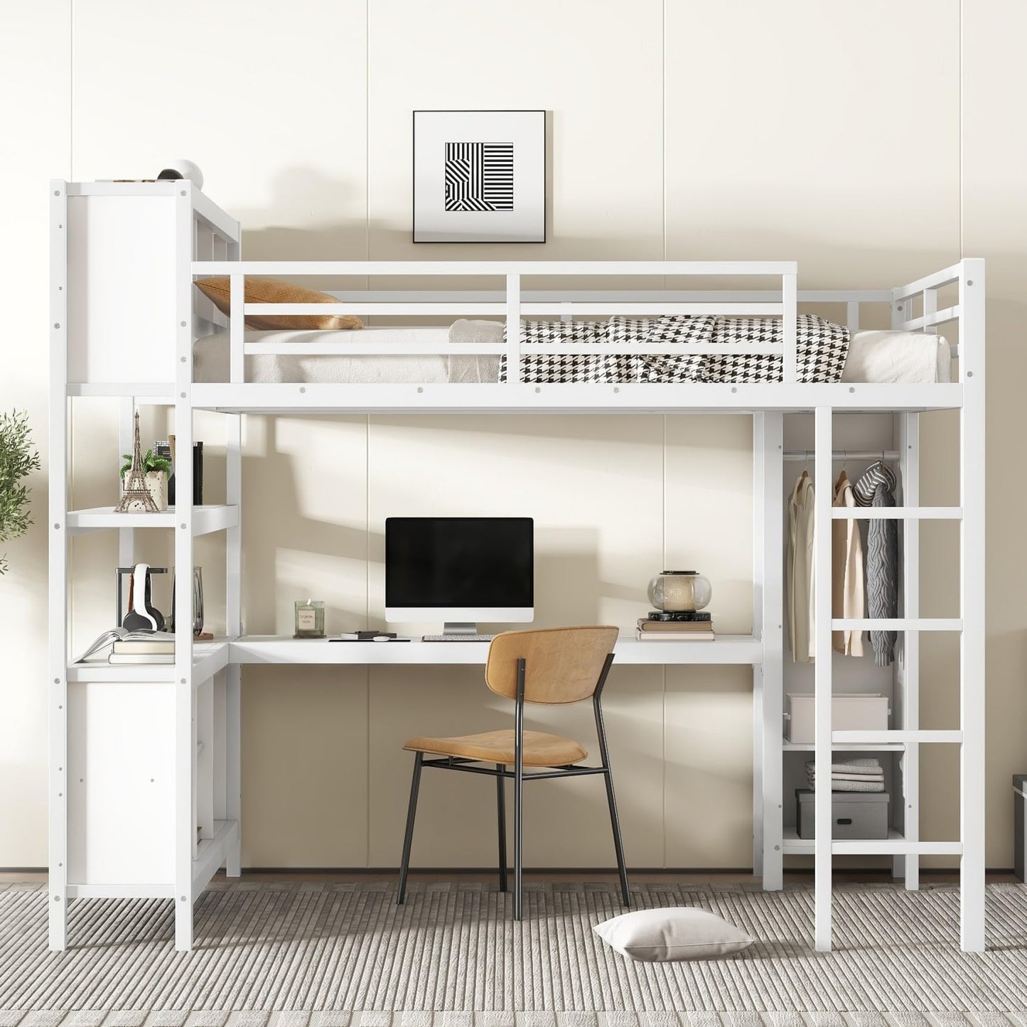 KEIKI Metal Queen Size Loft Bed Frame with Built-in L Shaped Desk, Wardrobe, Stairs, Storage Cubes & Shelves for Kids Teens Adults, No Box Spring Needed