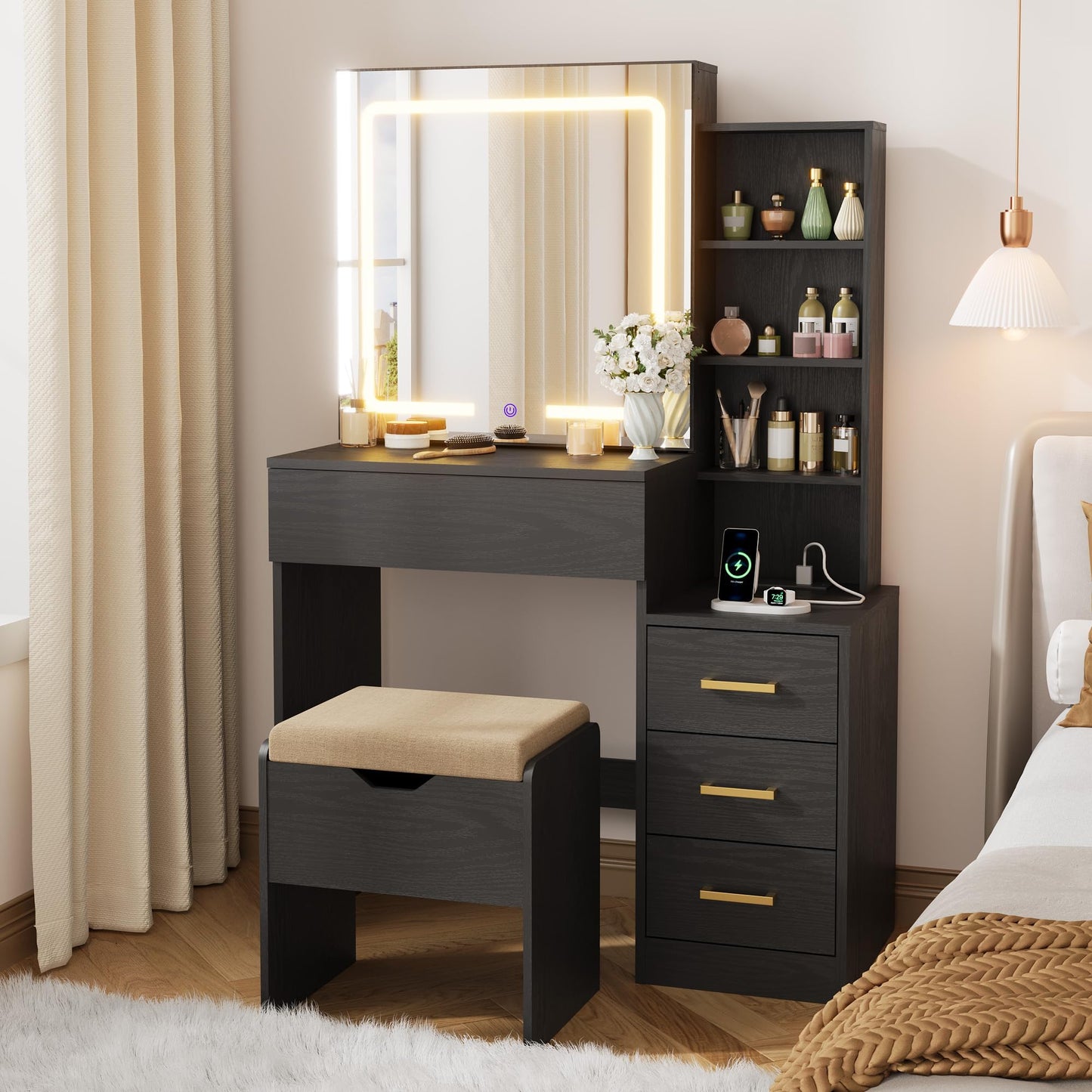 Garvee Makeup Vanity Desk with Sliding Lighted Mirror, Vanity Table with 3-Color Dimmable LED, Cushioned Stool & Power Outlet, 4 Drawers Makeup Table for Bedroom, Black