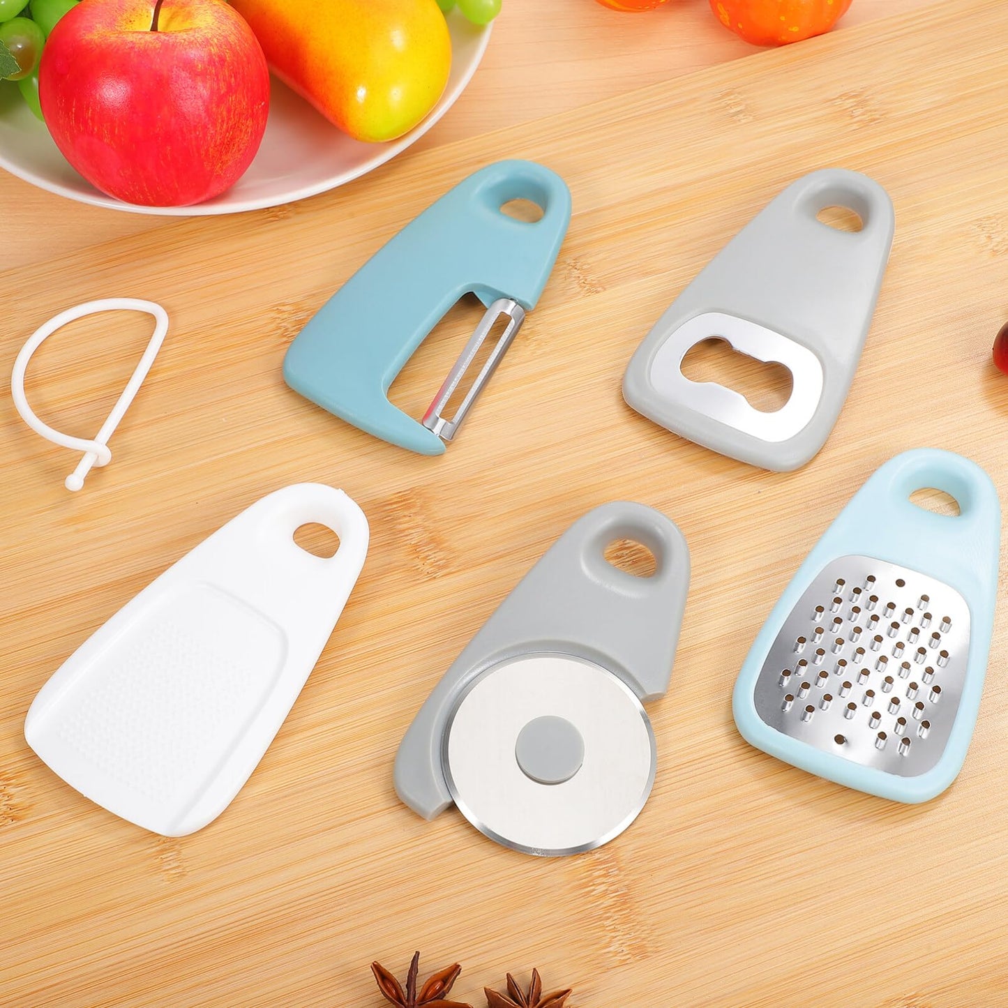 HOLIDYOYO Kitchen Tool Set 5 Pieces with Potato Peeler Cheese Grater Pizza Wheel Bottle Opener and Fruit Peeler Compact Space Saving Kitchen Gadgets for Home Cooking