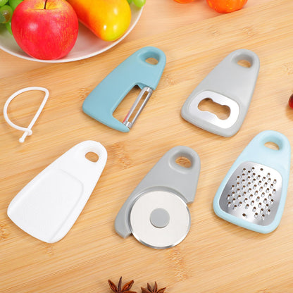 HOLIDYOYO Kitchen Tool Set 5 Pieces with Potato Peeler Cheese Grater Pizza Wheel Bottle Opener and Fruit Peeler Compact Space Saving Kitchen Gadgets for Home Cooking