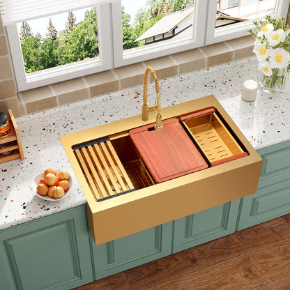 Gold Double Bowls Kitchen Sink, 33" x 22" Drop In Kitchen Sink, 50/50 Double Bowls Farm Sink, 16 Gauge Stainless Steel Workstation Sink, 33 inch Top Mount Deep Double Sinks