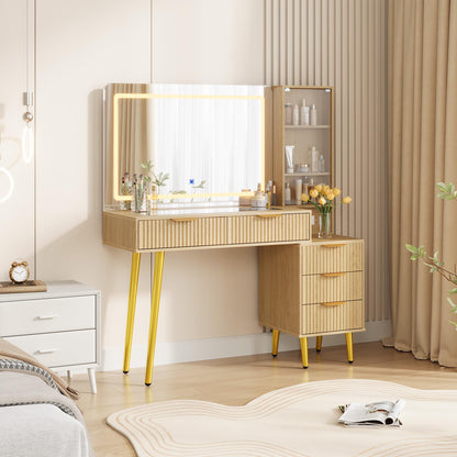 GarveeTech 48" Makeup Vanity Table, with 5 Drawers & 3-Tier Shelves, Fluted Vanity Desk with 36" Lighted Mirror, Charging Station, Wood Dressing Table with Glass Top, for Bedroom