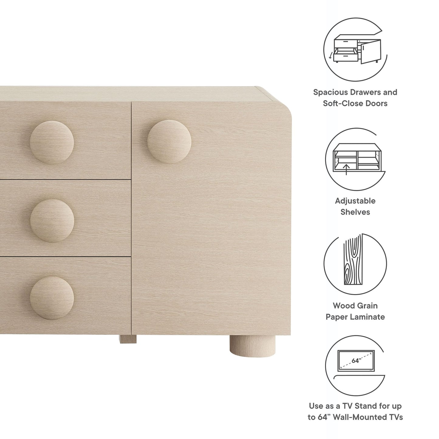 Modway Sonnet Retro Curved Sideboard in Ash – 57 Inch Modern Buffet Cabinet with Circle Knobs – Credenza Cabinet with 3 Drawers – TV Stand Media Cabinet for Living Room, Home Office, Lounge Area