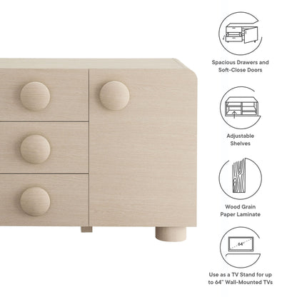 Modway Sonnet Retro Curved Sideboard in Ash – 57 Inch Modern Buffet Cabinet with Circle Knobs – Credenza Cabinet with 3 Drawers – TV Stand Media Cabinet for Living Room, Home Office, Lounge Area
