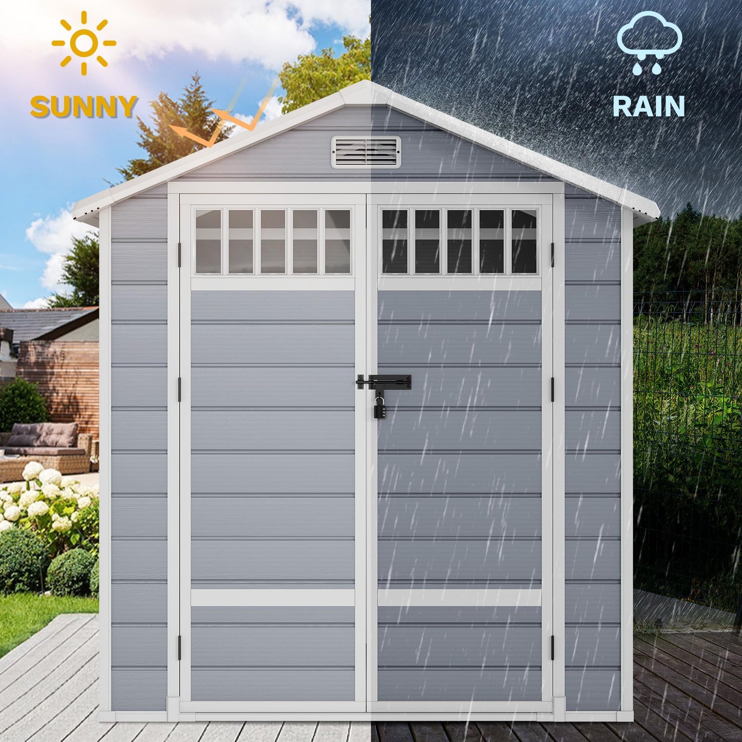 DWVO 6x4.4 FT Resin Storage Shed with Fence-Style and Side Windows, Lockable Door, and Vents for Garden, Backyard, Patio, Lawn, Gray